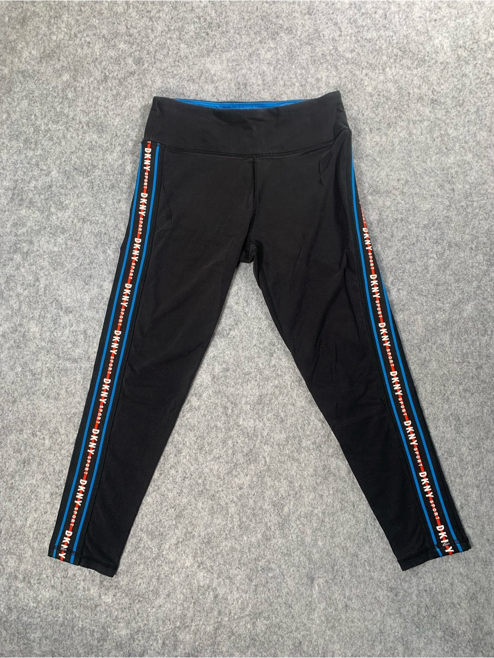 DKNY Black Leggings with Blue and Red Logo Stripe